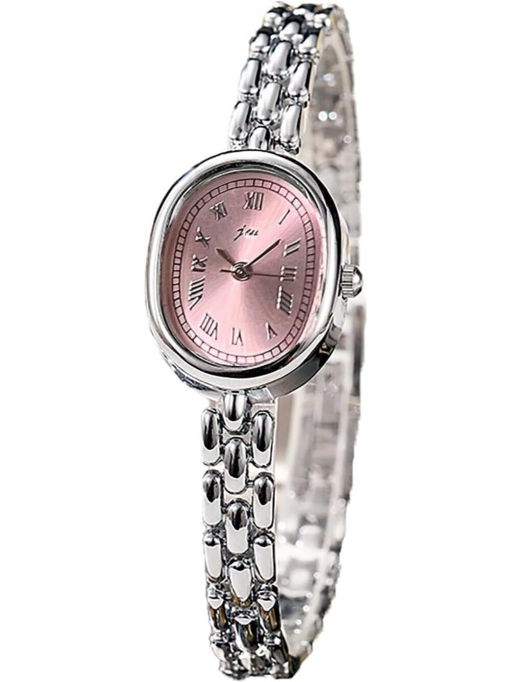 Women’s Silver Pink Oval Bracelet Small Face Roman Numeral Quartz Buckle Watch